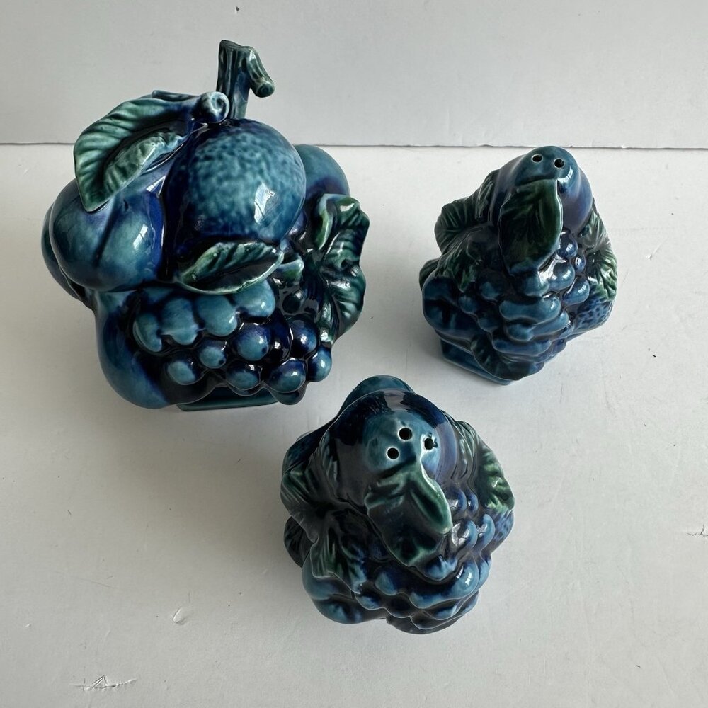 Vintage Inarco Japan Mood Indigo Blue Sugar / Jam / Honey Bowl Salt & Pepper Set